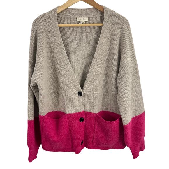See U Soon Oversized Cardigan Sweater Women Size Medium Colorblock Tan Pink - Picture 1 of 9